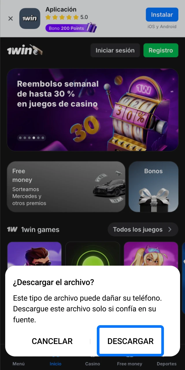 Confirmá la descarga del APK de 1win aceptando el aviso en la pantalla de tu dispositivo.