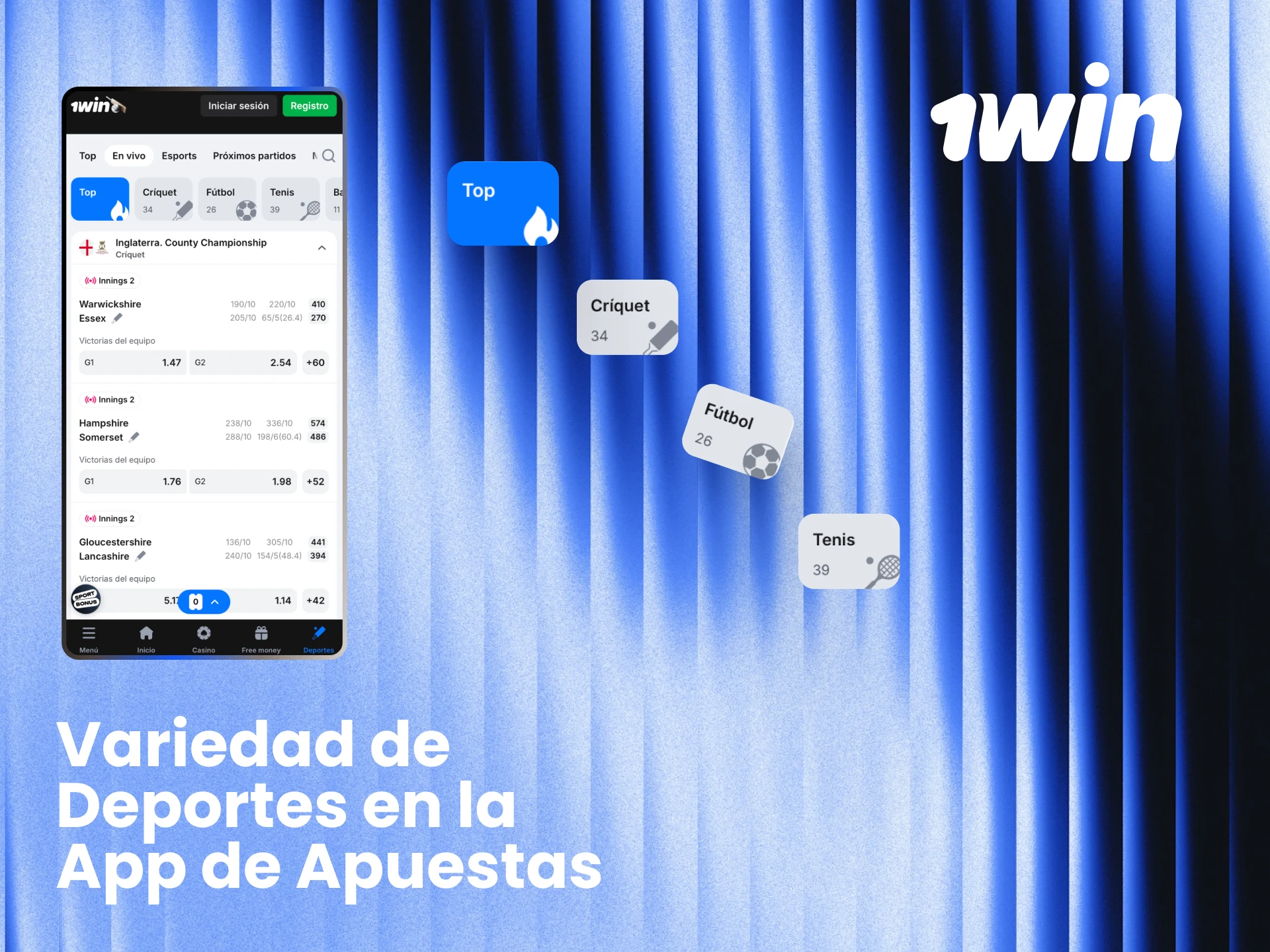 Variedad de deportes y eSports en la app de 1win incluyendo fútbol, tenis, CS2 y Dota 2.