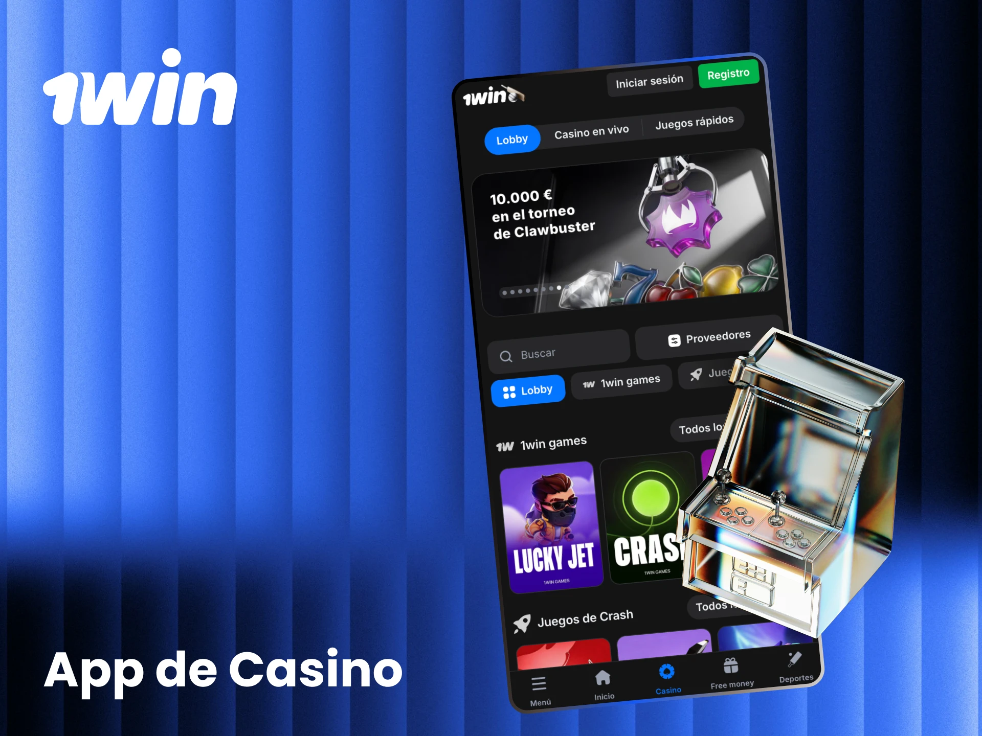 Captura de la app de casino 1win con tragamonedas, casino en vivo y bonos exclusivos disponibles.