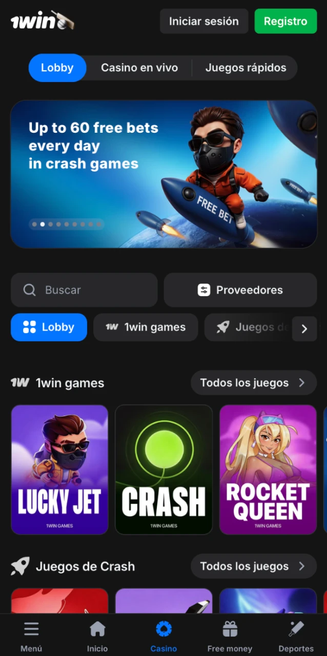 Lobby de casino online en la app 1win con tragamonedas, juegos de mesa y casino en vivo.