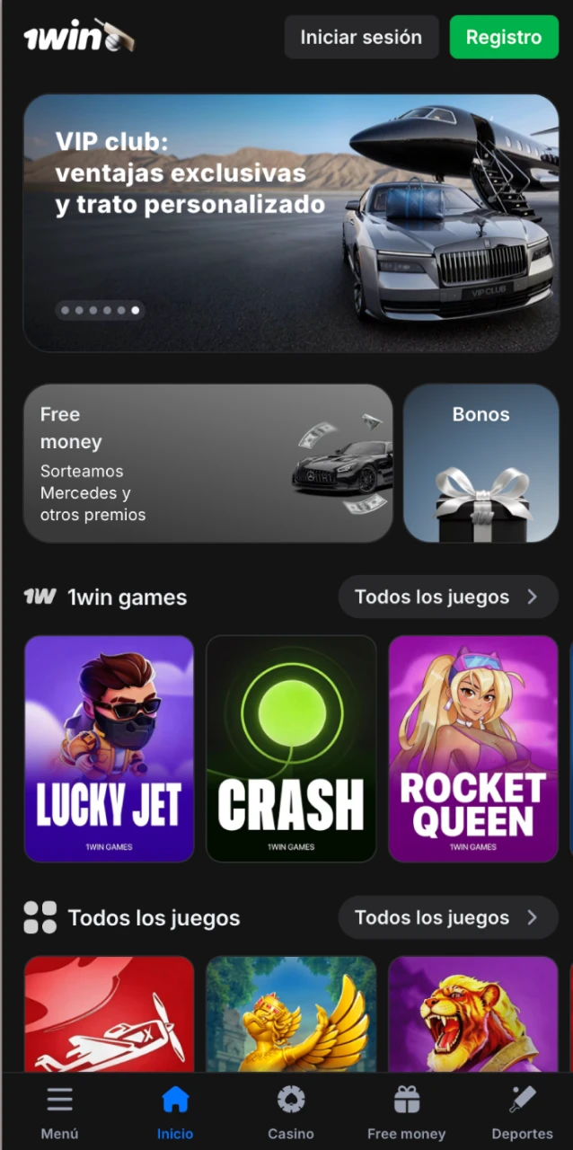 Pantalla principal de la app 1win con acceso directo a deportes, casino y promociones desde el móvil.