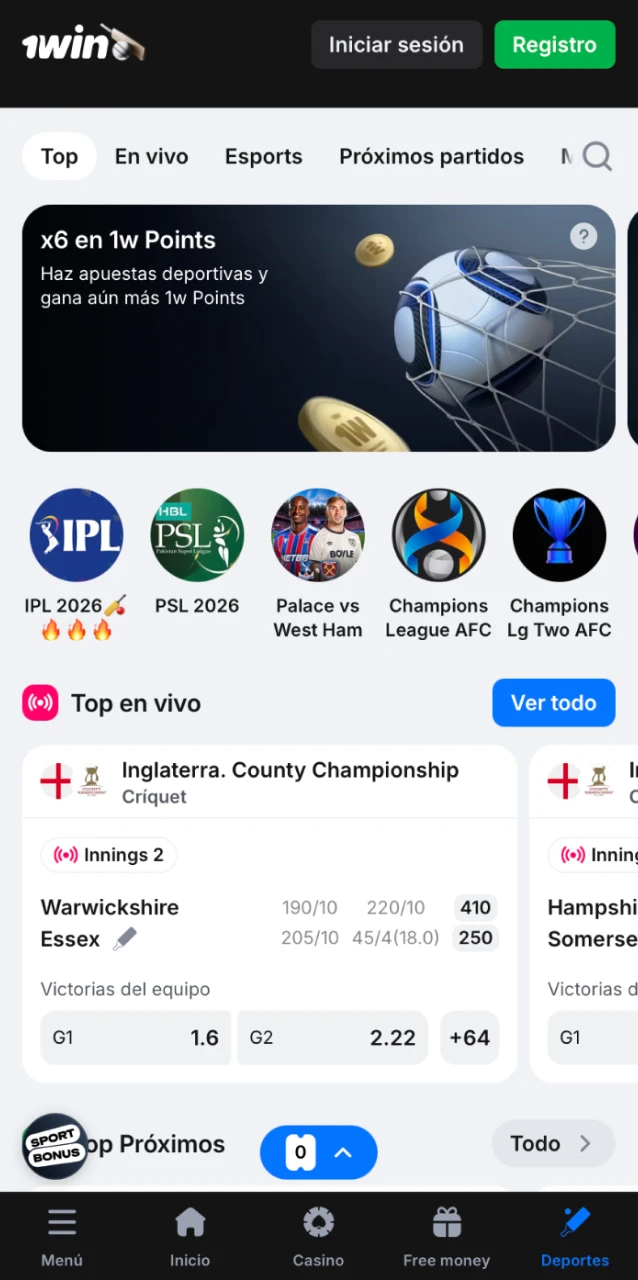 Interfaz de apuestas deportivas en la app 1win con cuotas actualizadas y eventos en vivo.