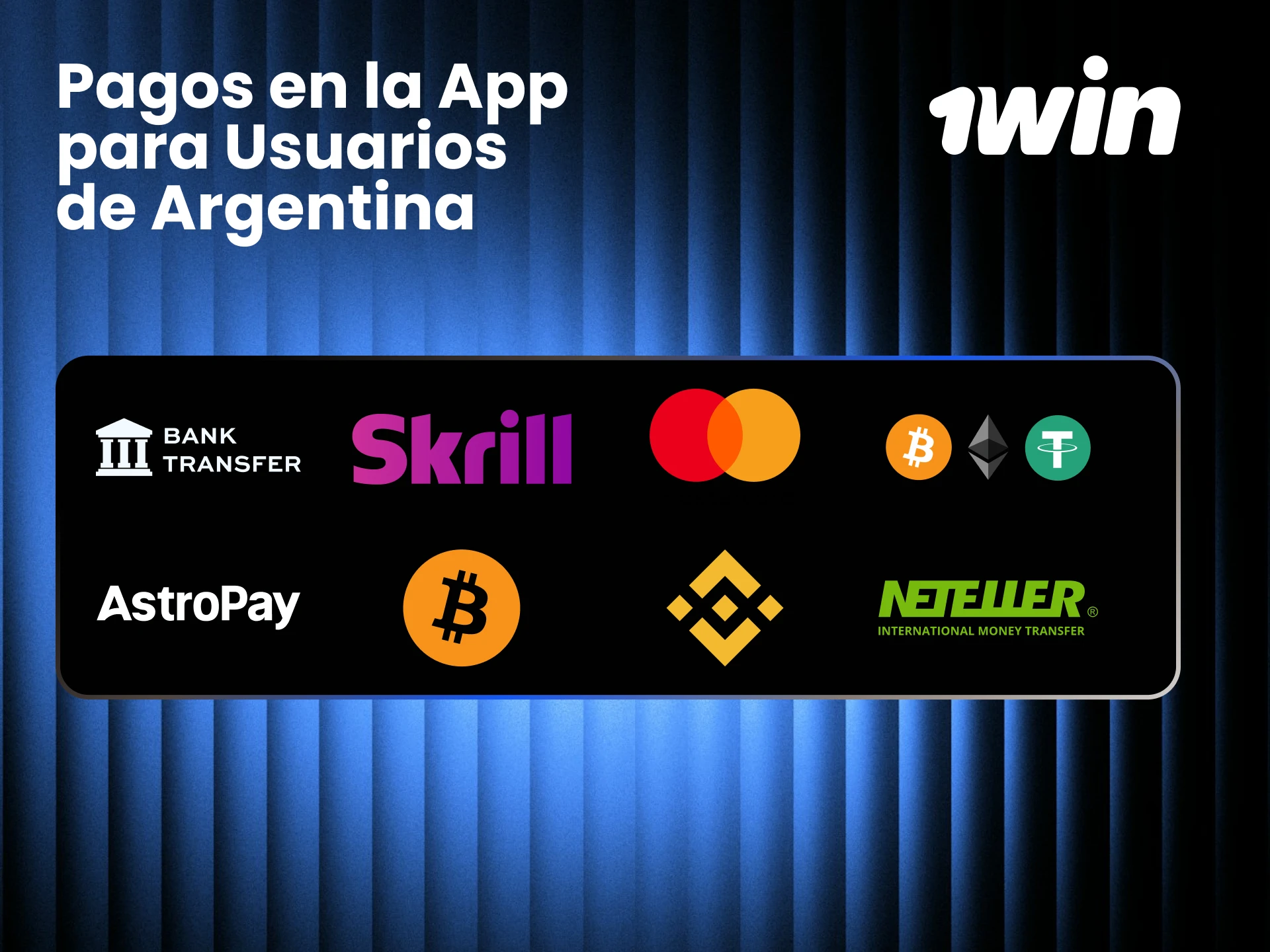 Métodos de pago en la app 1win para Argentina como Visa, Mercado Pago y criptomonedas.