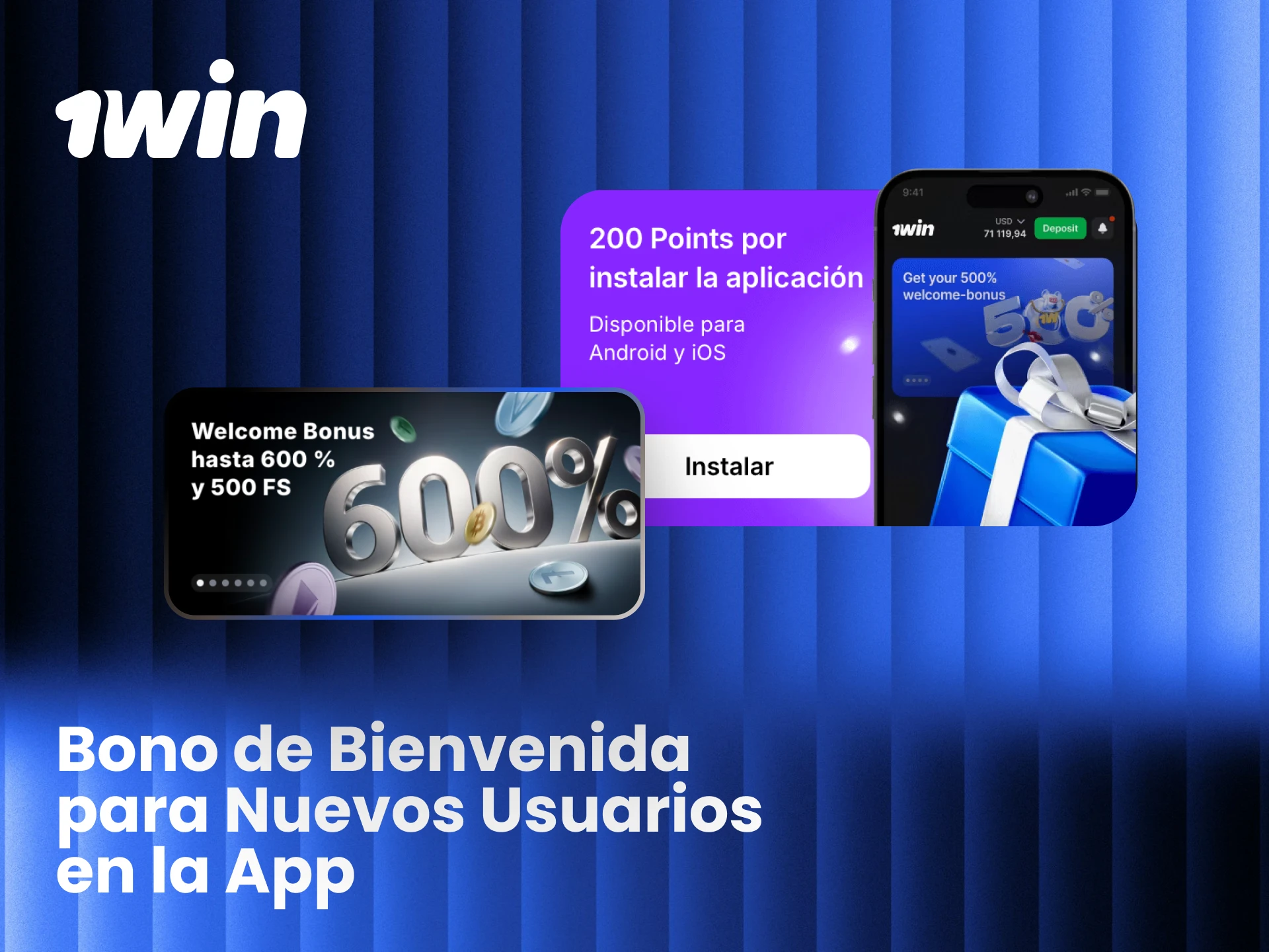 Bono de bienvenida del 600% en casino o deportes para nuevos usuarios de la app 1win.