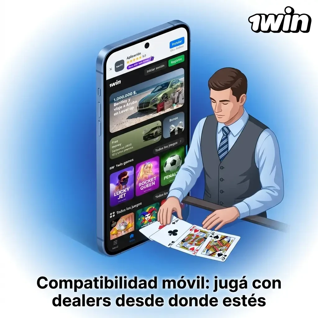 Interfaz móvil de 1win con dealer en vivo, chat y controles de apuesta optimizados para pantalla vertical