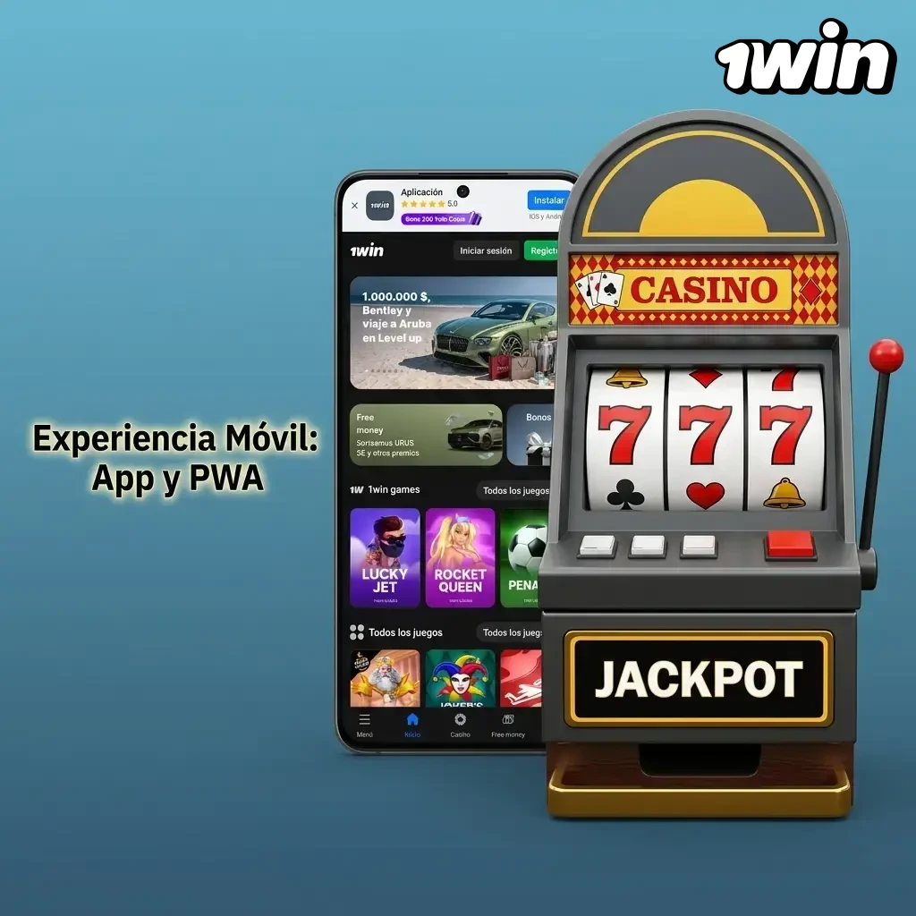 Aplicación móvil PWA de 1win instalada en pantalla de inicio de Android e iOS para acceso estable con baja señal
