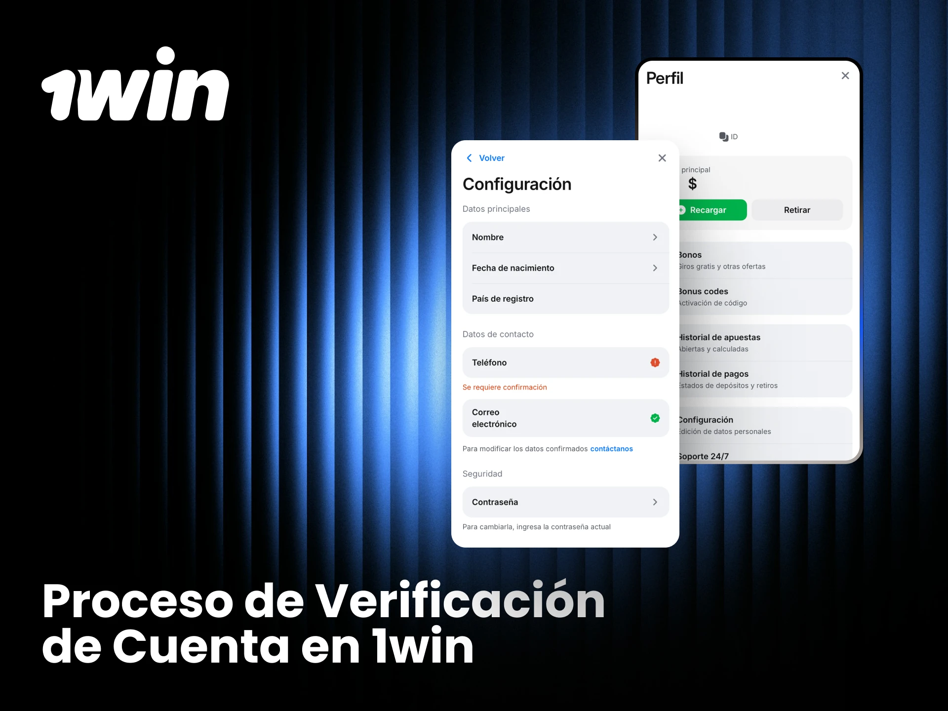 Proceso de verificación de cuenta en 1win con pasos para confirmar identidad y habilitar retiros.