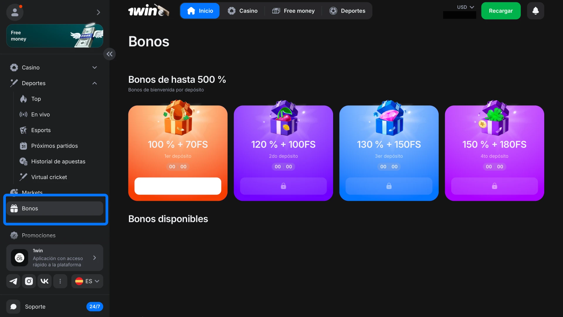 Seleccioná y activá el bono de bienvenida desde la sección de promociones en tu cuenta 1win.