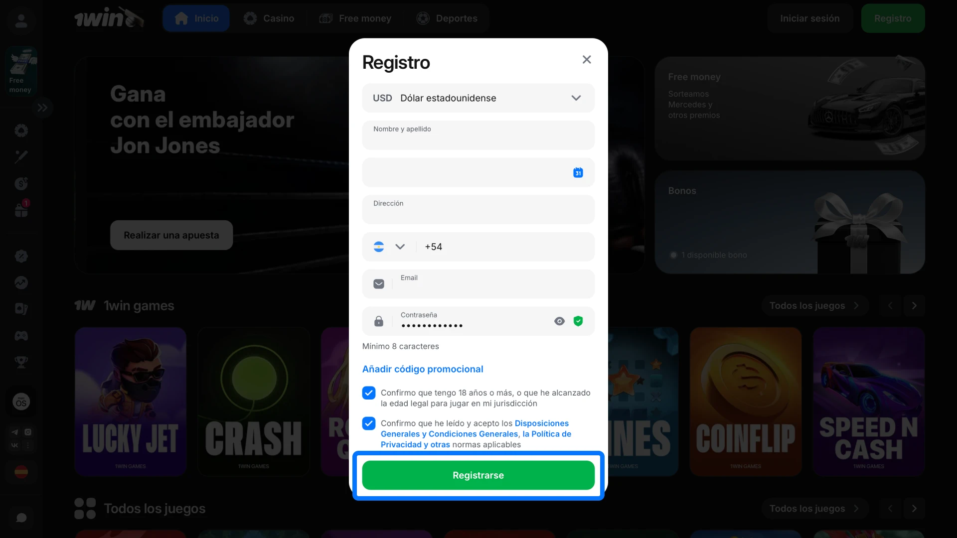 Completá el formulario de registro en 1win desde esta página para activar el bono de bienvenida.