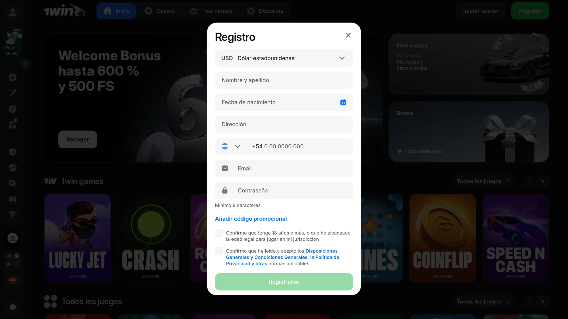 Seleccioná registro por teléfono, email o redes sociales en el formulario de 1win.