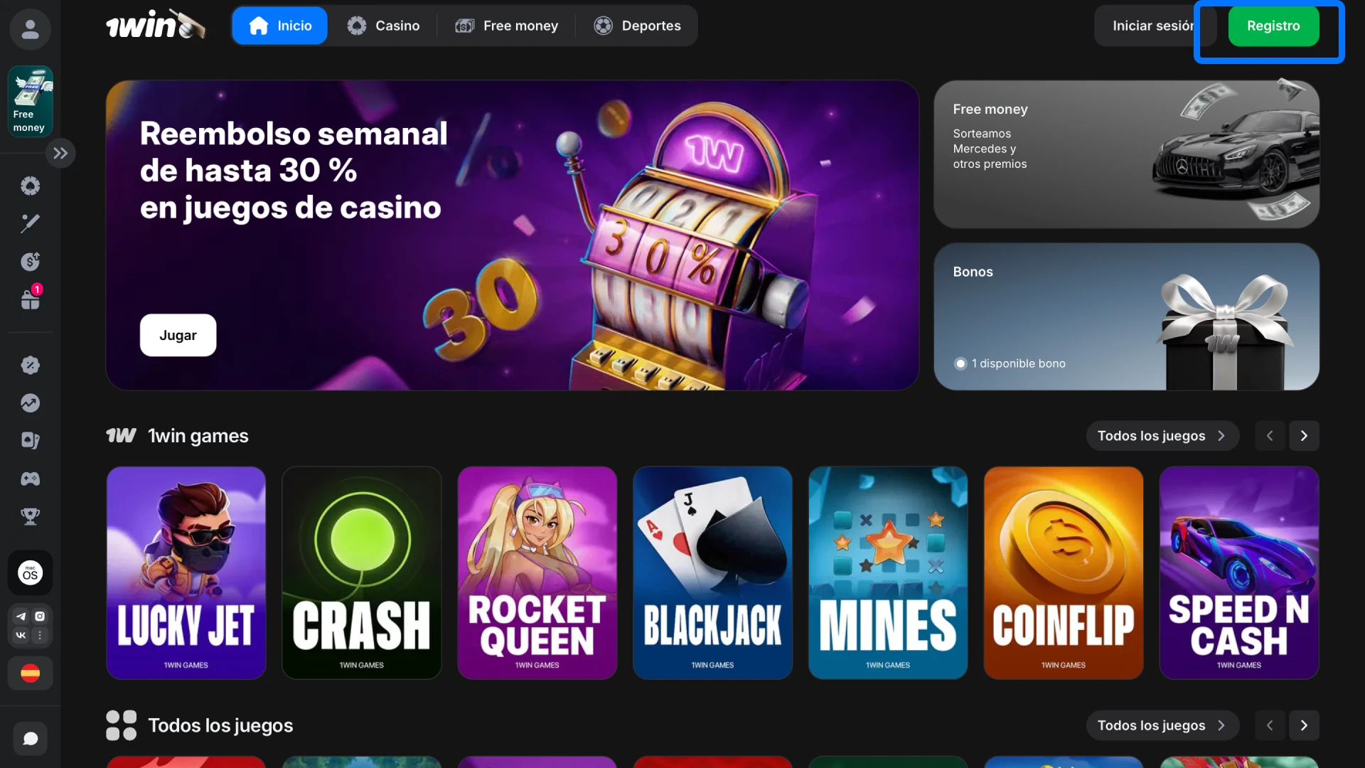 Presioná el botón de registro en esta página para ir al formulario oficial de 1win.