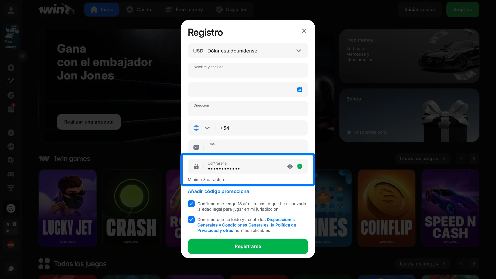 Ingresá una contraseña segura para proteger tu cuenta de 1win durante el registro.