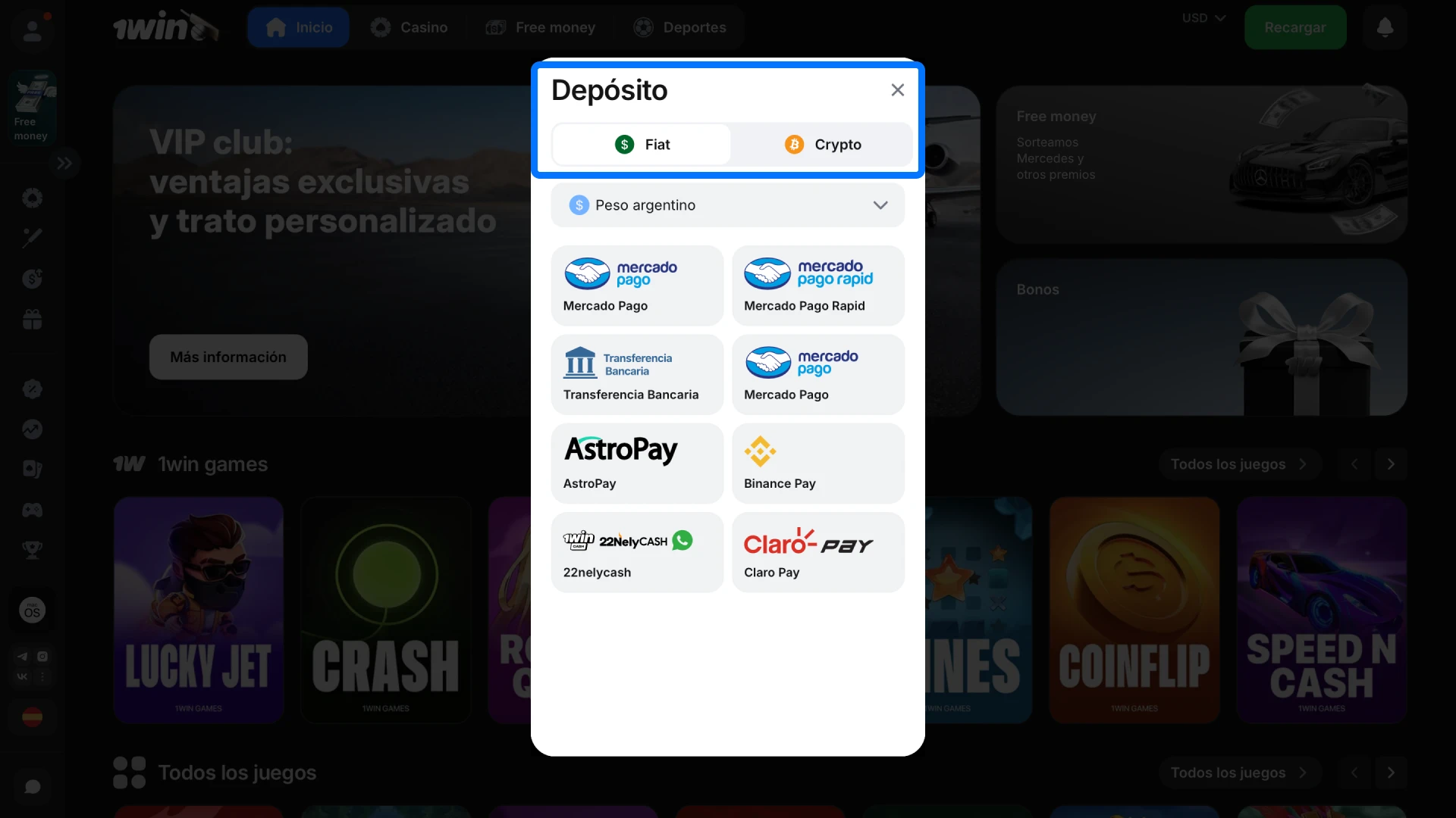 Elegí un método de pago en Argentina y depositá para activar tu bono en 1win.